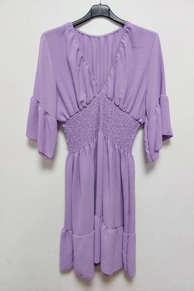 V-Neck Frill Short Sleeve Shirred Elasticated Waist Mini Dress