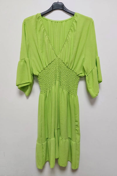 V-Neck Frill Short Sleeve Shirred Elasticated Waist Mini Dress