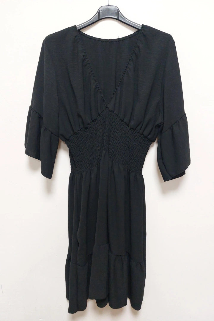 V-Neck Frill Short Sleeve Shirred Elasticated Waist Mini Dress