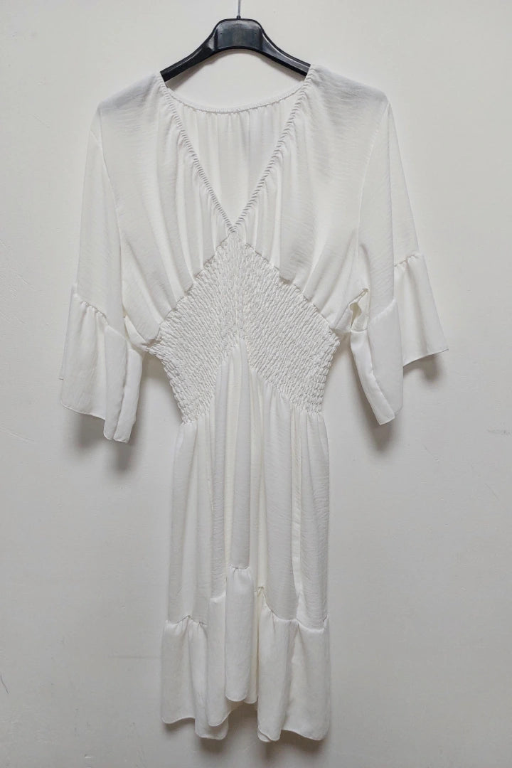 V-Neck Frill Short Sleeve Shirred Elasticated Waist Mini Dress