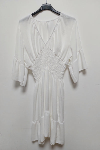 V-Neck Frill Short Sleeve Shirred Elasticated Waist Mini Dress