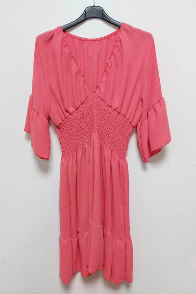 V-Neck Frill Short Sleeve Shirred Elasticated Waist Mini Dress