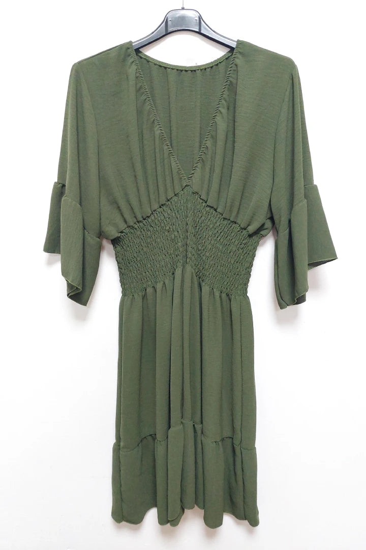 V-Neck Frill Short Sleeve Shirred Elasticated Waist Mini Dress