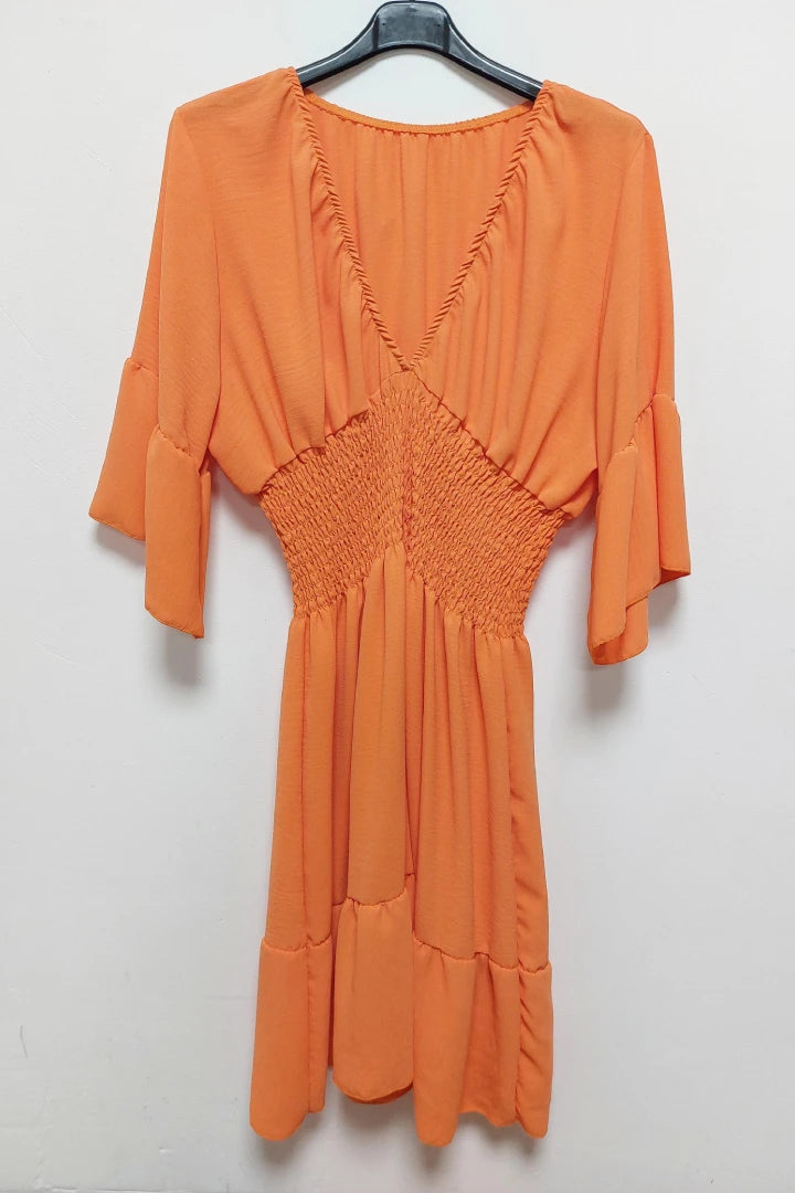 V-Neck Frill Short Sleeve Shirred Elasticated Waist Mini Dress