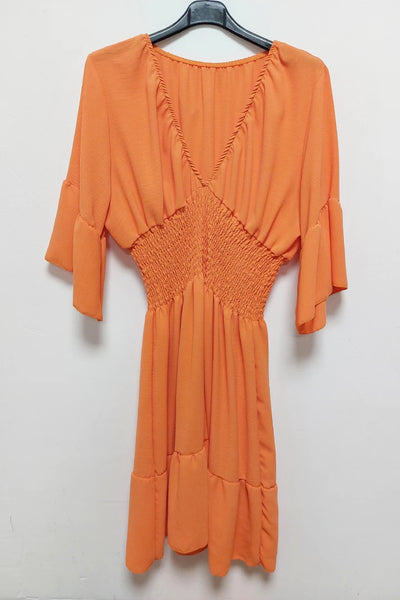 V-Neck Frill Short Sleeve Shirred Elasticated Waist Mini Dress