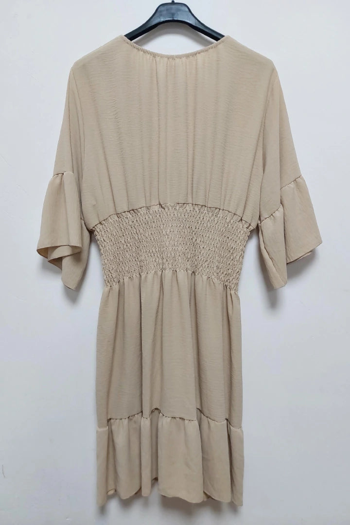 V-Neck Frill Short Sleeve Shirred Elasticated Waist Mini Dress