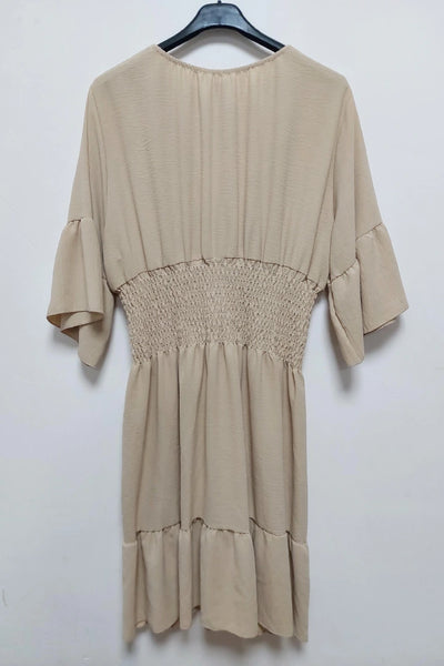 V-Neck Frill Short Sleeve Shirred Elasticated Waist Mini Dress