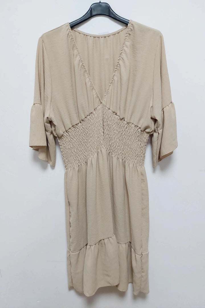 V-Neck Frill Short Sleeve Shirred Elasticated Waist Mini Dress