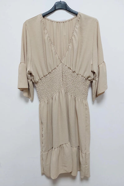 V-Neck Frill Short Sleeve Shirred Elasticated Waist Mini Dress