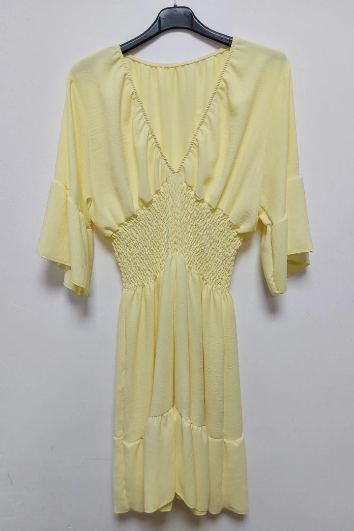 V-Neck Frill Short Sleeve Shirred Elasticated Waist Mini Dress