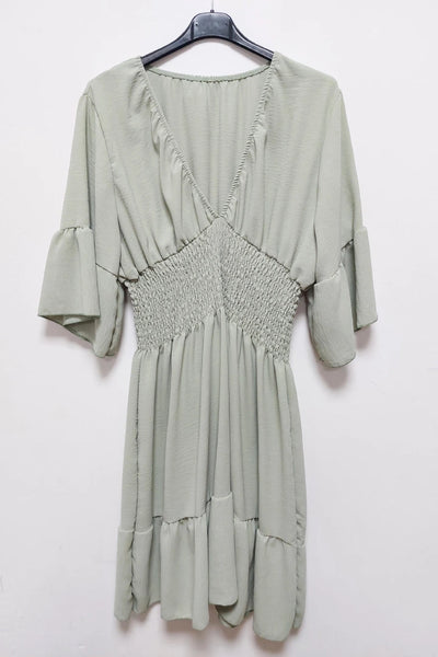 V-Neck Frill Short Sleeve Shirred Elasticated Waist Mini Dress