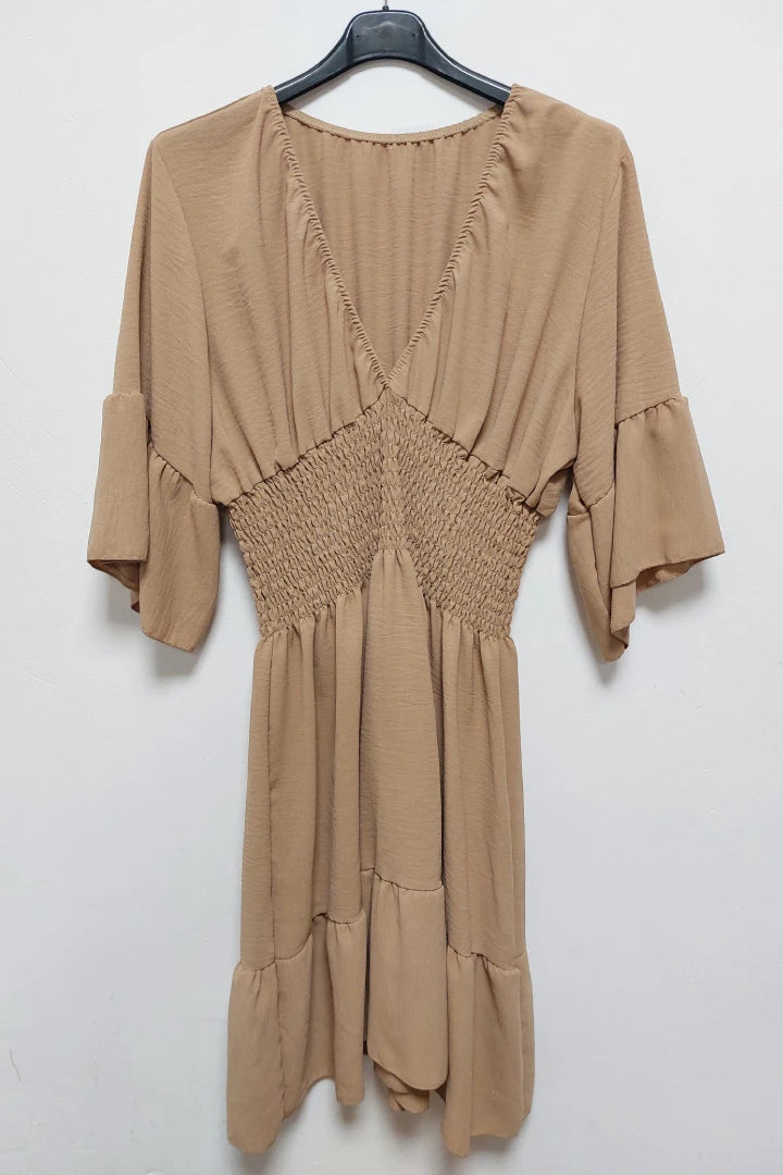 V-Neck Frill Short Sleeve Shirred Elasticated Waist Mini Dress