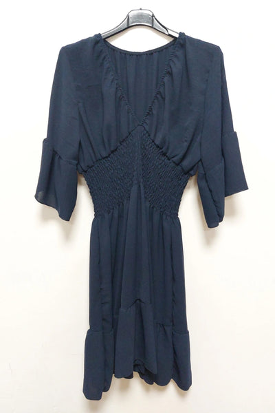 V-Neck Frill Short Sleeve Shirred Elasticated Waist Mini Dress