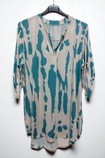 Printed V-neck Grandad Collar Turn-up Sleeve Dip Hem Tunic Top