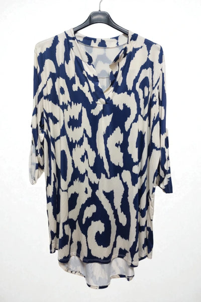 Printed V-neck Grandad Collar Turn-up Sleeve Dip Hem Tunic Top