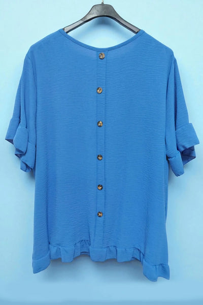 Round Neck Back Button Detail Frill Short Sleeve Top