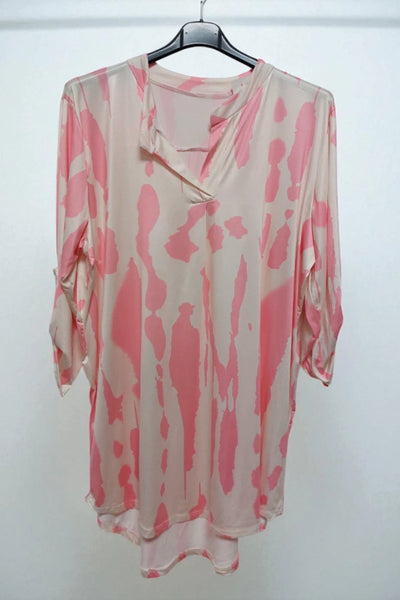 Printed V-neck Grandad Collar Turn-up Sleeve Dip Hem Tunic Top