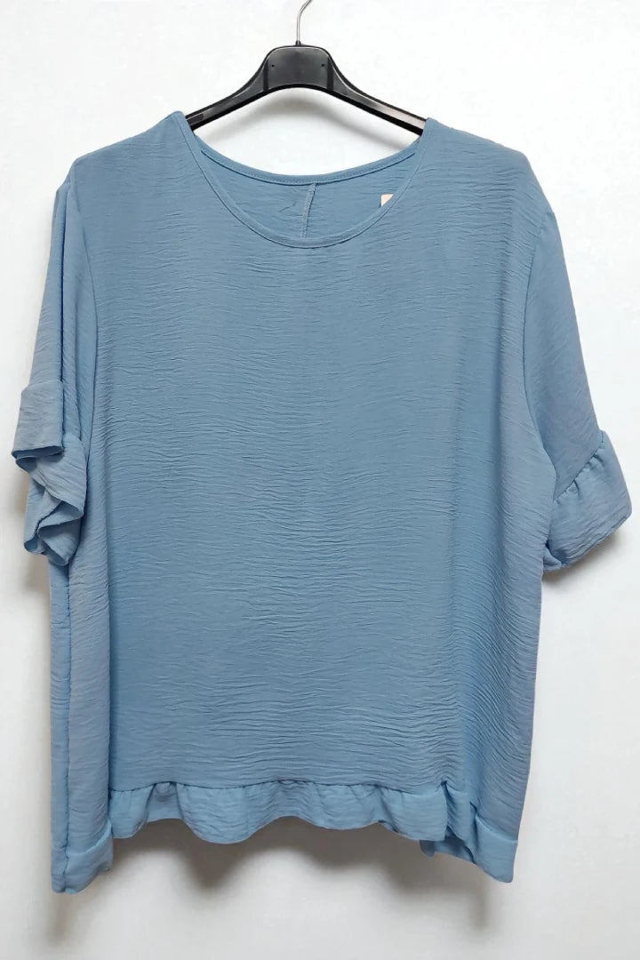 Round Neck Back Button Detail Frill Short Sleeve Top