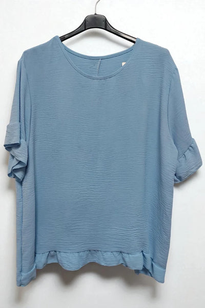 Round Neck Back Button Detail Frill Short Sleeve Top