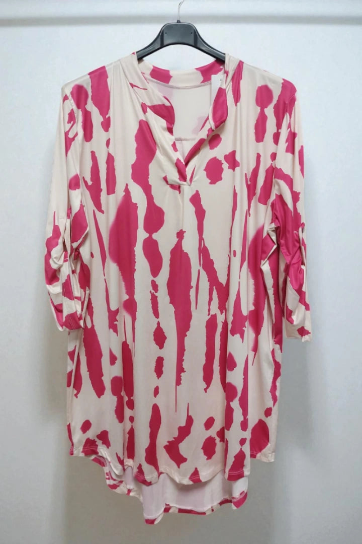 Printed V-neck Grandad Collar Turn-up Sleeve Dip Hem Tunic Top