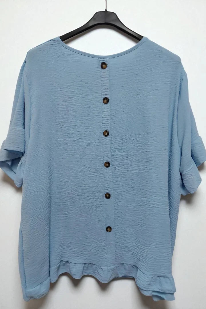 Round Neck Back Button Detail Frill Short Sleeve Top