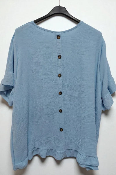 Round Neck Back Button Detail Frill Short Sleeve Top