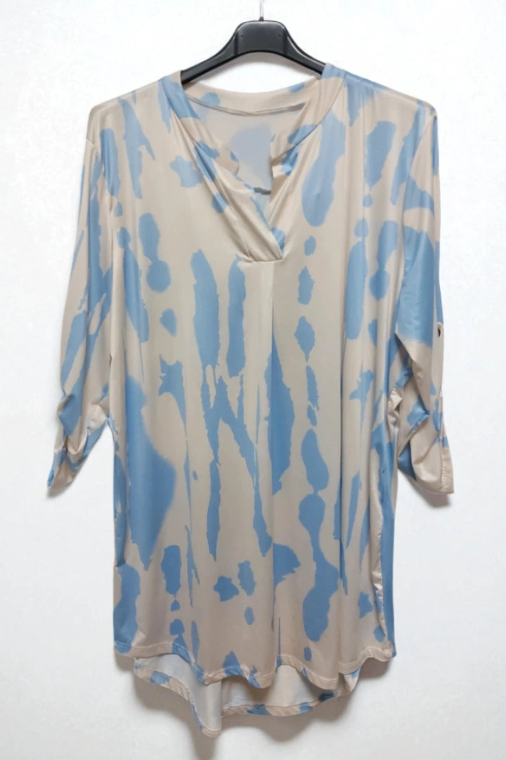 Printed V-neck Grandad Collar Turn-up Sleeve Dip Hem Tunic Top