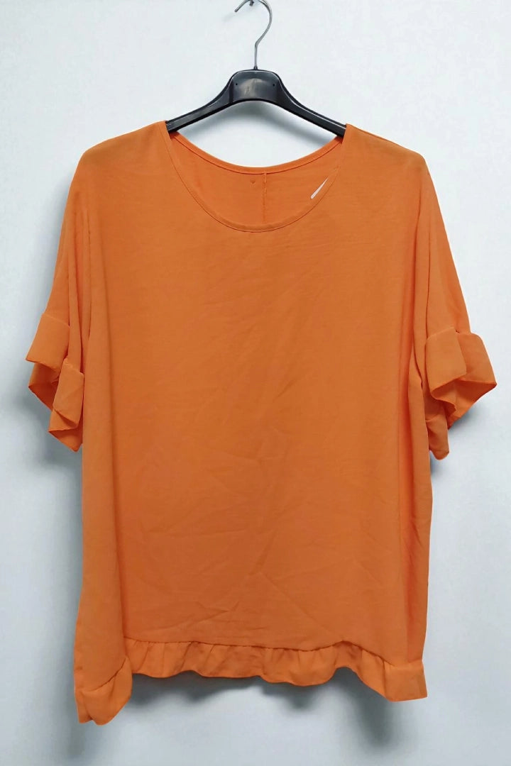 Round Neck Back Button Detail Frill Short Sleeve Top