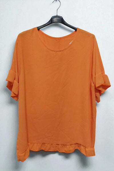 Round Neck Back Button Detail Frill Short Sleeve Top