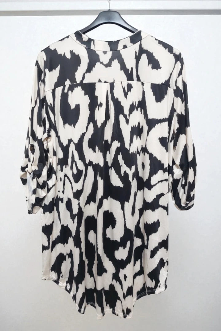 Printed V-neck Grandad Collar Turn-up Sleeve Dip Hem Tunic Top