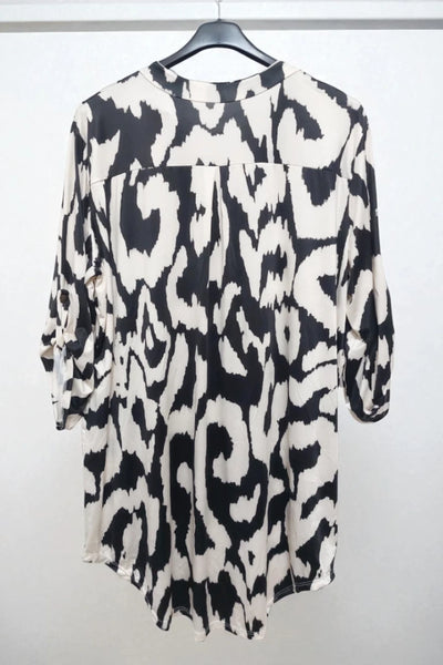 Printed V-neck Grandad Collar Turn-up Sleeve Dip Hem Tunic Top