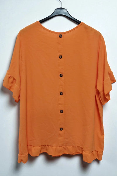 Round Neck Back Button Detail Frill Short Sleeve Top