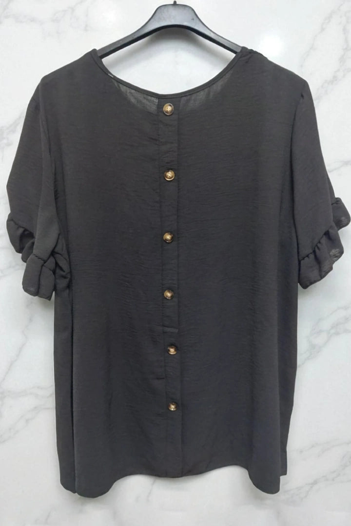 Round Neck Back Button Detail Frill Short Sleeve Top