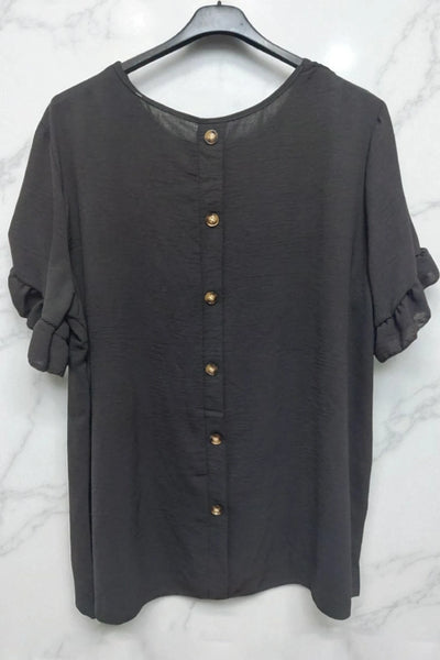 Round Neck Back Button Detail Frill Short Sleeve Top