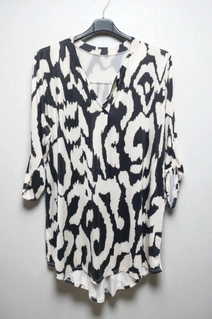 Printed V-neck Grandad Collar Turn-up Sleeve Dip Hem Tunic Top