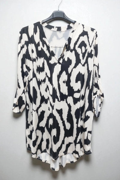 Printed V-neck Grandad Collar Turn-up Sleeve Dip Hem Tunic Top