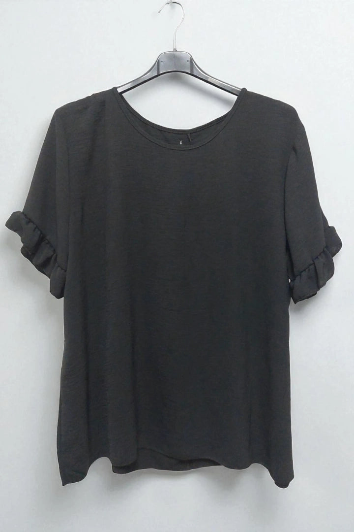 Round Neck Back Button Detail Frill Short Sleeve Top