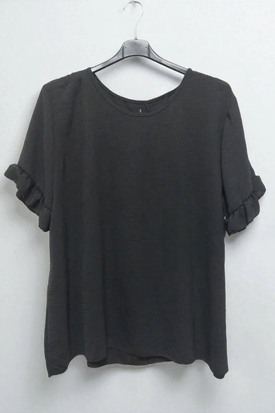 Round Neck Back Button Detail Frill Short Sleeve Top