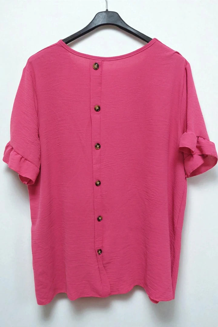 Round Neck Back Button Detail Frill Short Sleeve Top