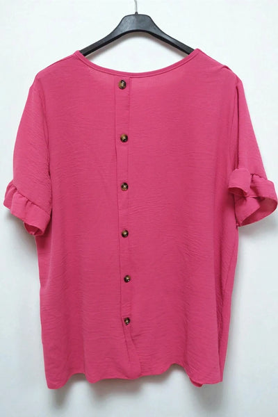 Round Neck Back Button Detail Frill Short Sleeve Top