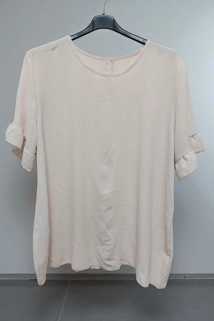 Round Neck Back Button Detail Frill Short Sleeve Top