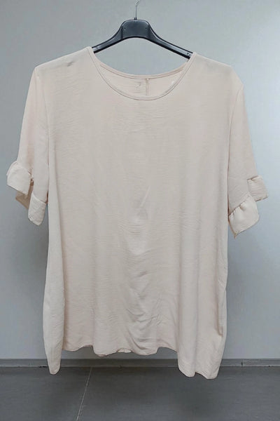 Round Neck Back Button Detail Frill Short Sleeve Top