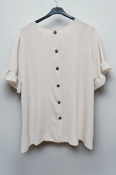 Round Neck Back Button Detail Frill Short Sleeve Top
