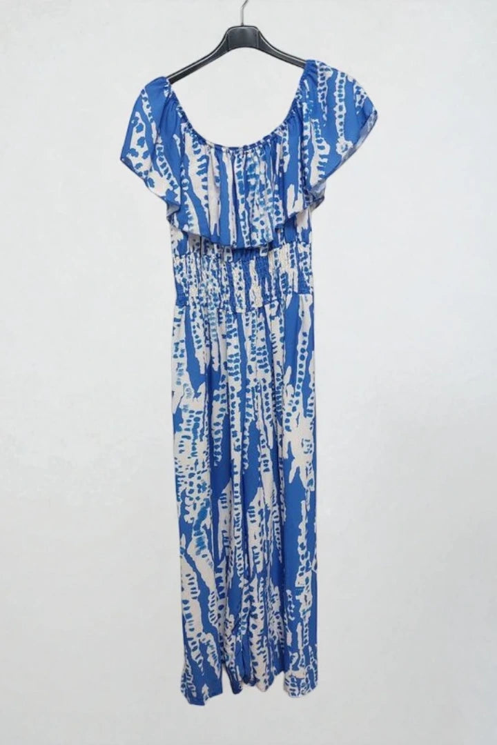 Frill Bardot Layer Sleeveless Shirred Elasticated Waist Printed Jumpsuit