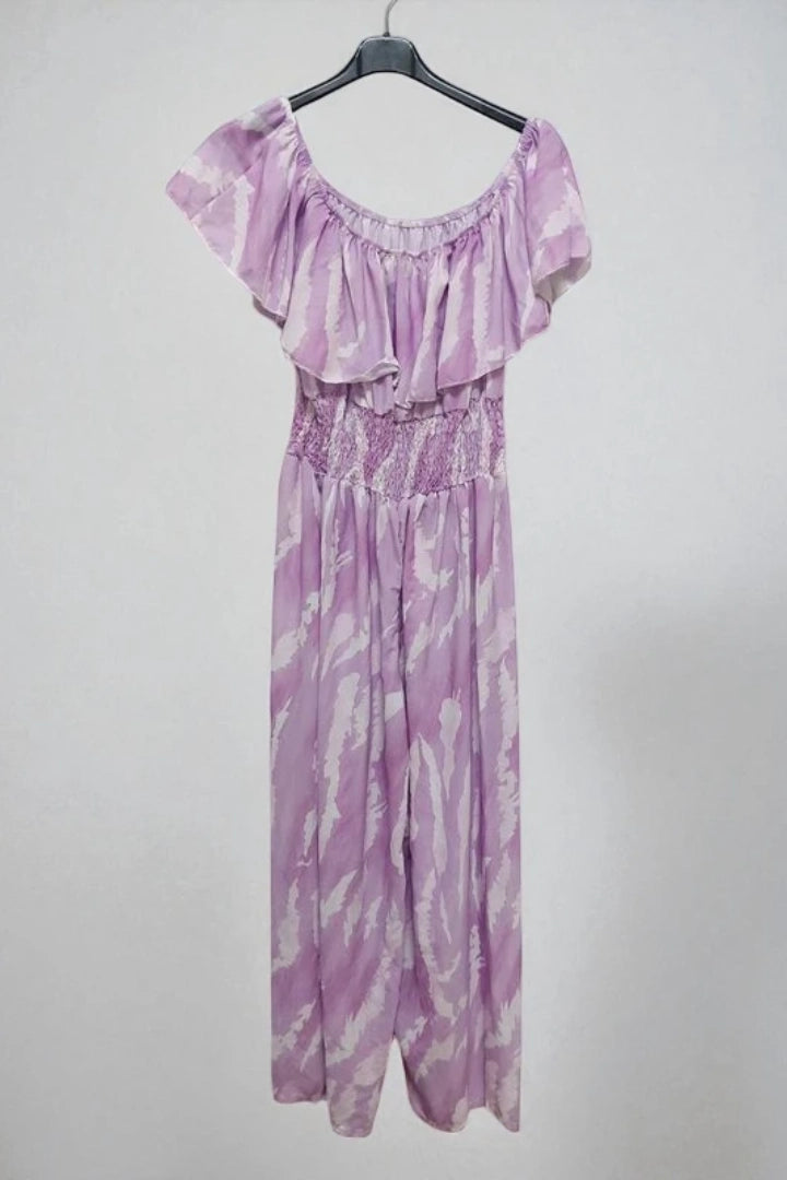 Frill Bardot Layer Sleeveless Shirred Elasticated Waist Printed Jumpsuit