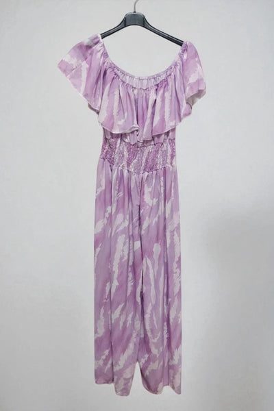 Frill Bardot Layer Sleeveless Shirred Elasticated Waist Printed Jumpsuit