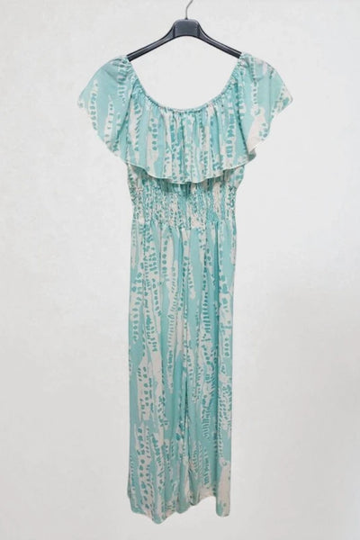 Frill Bardot Layer Sleeveless Shirred Elasticated Waist Printed Jumpsuit