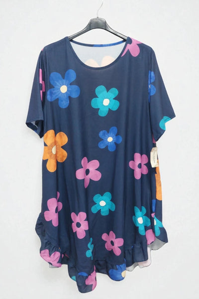 Daisy Floral Frill Hem Tunic Dress 2 Side Inside Pockets