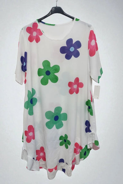 Daisy Floral Frill Hem Tunic Dress 2 Side Inside Pockets