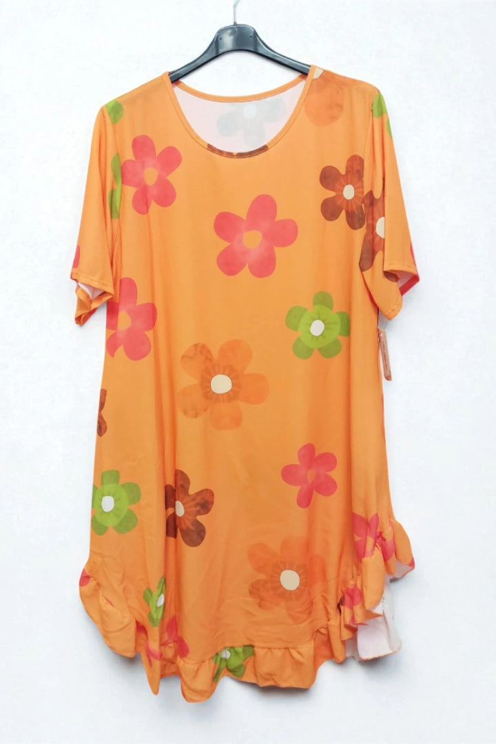 Daisy Floral Frill Hem Tunic Dress 2 Side Inside Pockets